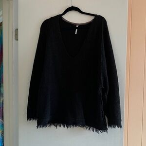 Free People Black V-Neck Fringe Hem Sweater
